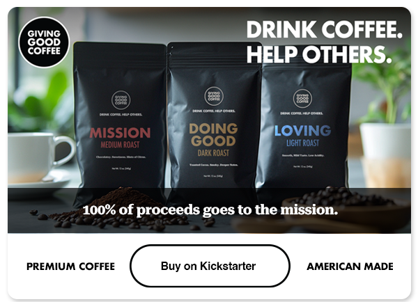 Giving Good Coffee Co. Kickstarter image showing three bags of their ground coffee.